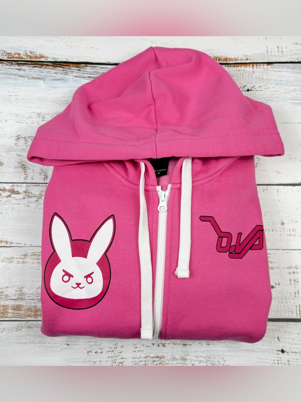 J!nx D.Va Overwatch Pink Zip-Up Hoodie with Bunny Graphics Unisex Size M